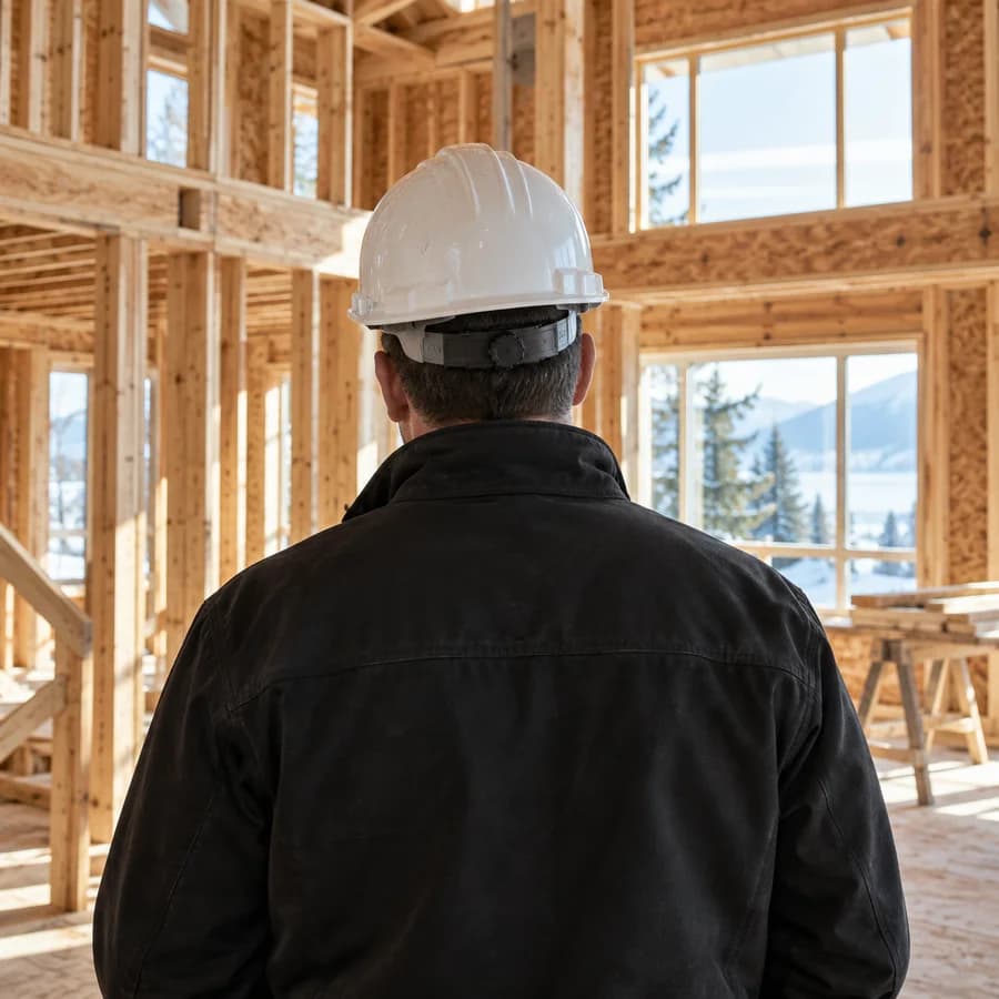 Construction worker in a white hard hat inspecting timber framing