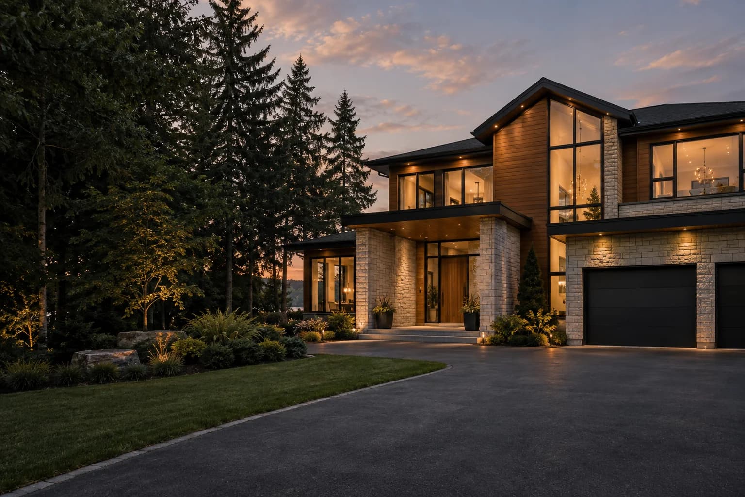 Modern stone and cedar house with warmly lit windows and mature landscaping at dusk