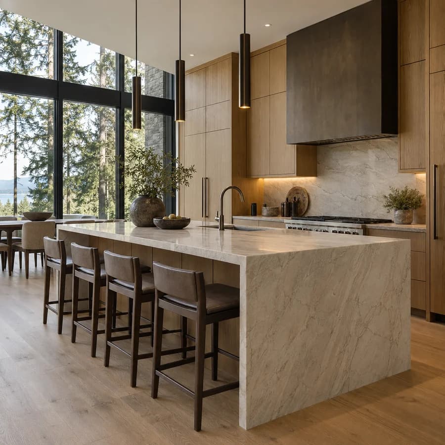 Finished oak kitchen with a stone island and tall windows overlooking trees
